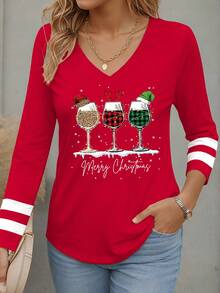 EMERY ROSE Christmas Wine Glass Design Patchwork Striped Digital Print Women V-Neck Long Sleeve Base Layer T-Shirt, Spring/Autumn - Red - View 3