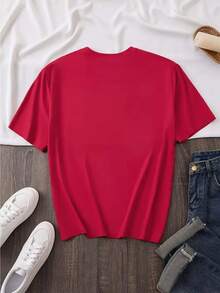 Camiseta femenina casual estilo festivo con estampado navideño de reno, tela suave, corte holgado, cuello redondo, manga corta para primavera/verano reuniones familiares - Rojo - Ver 5