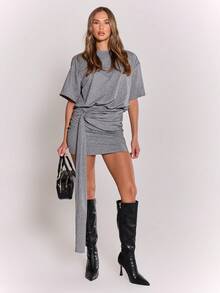 MUSERA Loose Fit Square Shoulder Fitted Drape Ring Detail Dress Streetwear Cute Classy Casual Sexy Going Out Fall Autumn