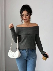 Elenzga Sexy American Style Collared Off Shoulder Fitted Knit Long Sleeve Top, High-End Niche Design For Autumn/Winter - Black - View 4