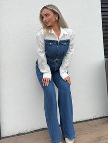 Jeta Ari 女士蓝色连体裤二合一套装 配有腰带 阔腿裤 春夏连体裤 - 中等水洗藍 - 查看 4