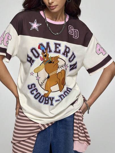 SCOOBY-DOO X SHEIN Women's Street Casual Colorblock Letter & Dog Print Short Sleeve T-Shirt Sports Jersey , Summer Fall Western T Shirts