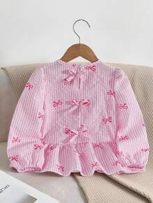 Young Girl Cute Fashion Casual Daily Round Neck Drop Shoulder Long Sleeve Loose Vertical Striped Bow Print Textured Fabric Pink Shirt, Suitable For All Seasons