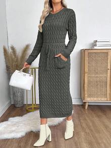 EMERY ROSE Váy dệt kim ôm dáng cổ tròn tay dài, eo rút dây, hai túi cho nữ, mùa thu/đông - Xám - Xem 5