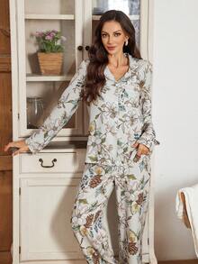 Serenescape 女士热带花卉印花翻领纽扣长袖上衣和裤子睡衣套装，冬季服装 - 彩色 - 查看 5