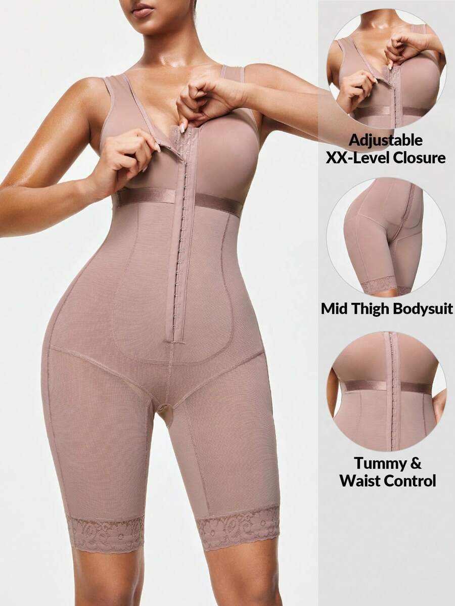 SHAPORA 1pc Women's Solid Color Front Button Closure Bodysuit, Fashionable Sleeveless Shapewear - Dusty Pink - View 1