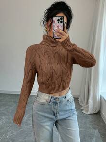 Elenzga Women's Casual Solid Color Cable Knit Turtleneck Sweater, Autumn/Winter - Coffee Brown - View 4