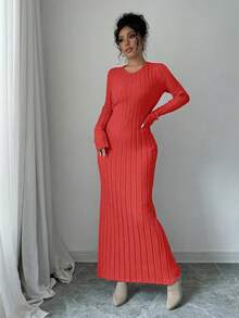 Rafferiza Váy len dệt kim màu trơn đơn giản, Thu/Đông - Đỏ - Xem 3