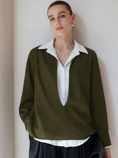 Aveloria Modichic Camisa de mujer de manga larga con cuello elegante y sofisticada, diseño de lujo ligero con apariencia de 2 en 1 en capas, versátil para el trabajo y el uso casual