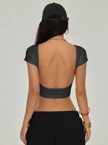 SHEIN PETITE 小号黑色露背T恤，适合夏季穿着 - 深灰色 - 查看 5