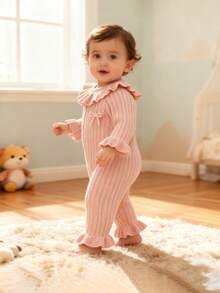 Pelele de suéter para bebé niña, con cuello y bajo con volantes, decorado con lazo 3D de manga larga, pelele de punto rosa para bebé niña, conjunto de punto rosa para bebé niña, pelele de volantes rosa con lazo para bebé, ropa de bebé melocotón, pelele rosa para bebé niña, conjunto de punto para bebé niña, suéter de bebé niña, ropa de bebé neutra recién nacida, pelele casual de bebé, ropa de bebé cálida de 0 a 3 meses para niña en invierno - Rosa Pálido - Ver 2