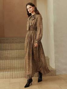 Arave 女士褶皱系带长袖连衣裙，荷叶边下摆，休闲日常穿着，数码印花条纹梭织面料 - 軍綠色 - 查看 3