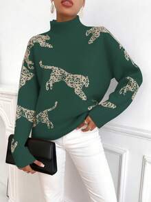 SHEIN Clasi Women's Casual Animal Pattern Stand Collar Sweater, Autumn/Winter - Dark Green - View 3