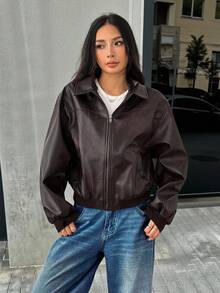 SHEIN PETITE Giacca in pelle PU invecchiata da donna, adatta per l'autunno e l'inverno, casual e di aspetto elegante - Moka Marrone - Visualizzare 7