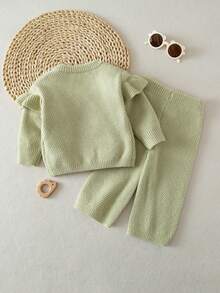 SHEIN Conjunto de 2 peças de suéter cardigan de malha com gola babada e calças retas para bebês meninas, confortável para outono/inverno, verde, moderno e versátil, adequado para uso diário, casa, atividades ao ar livre, viagens - Verde - Ver 2