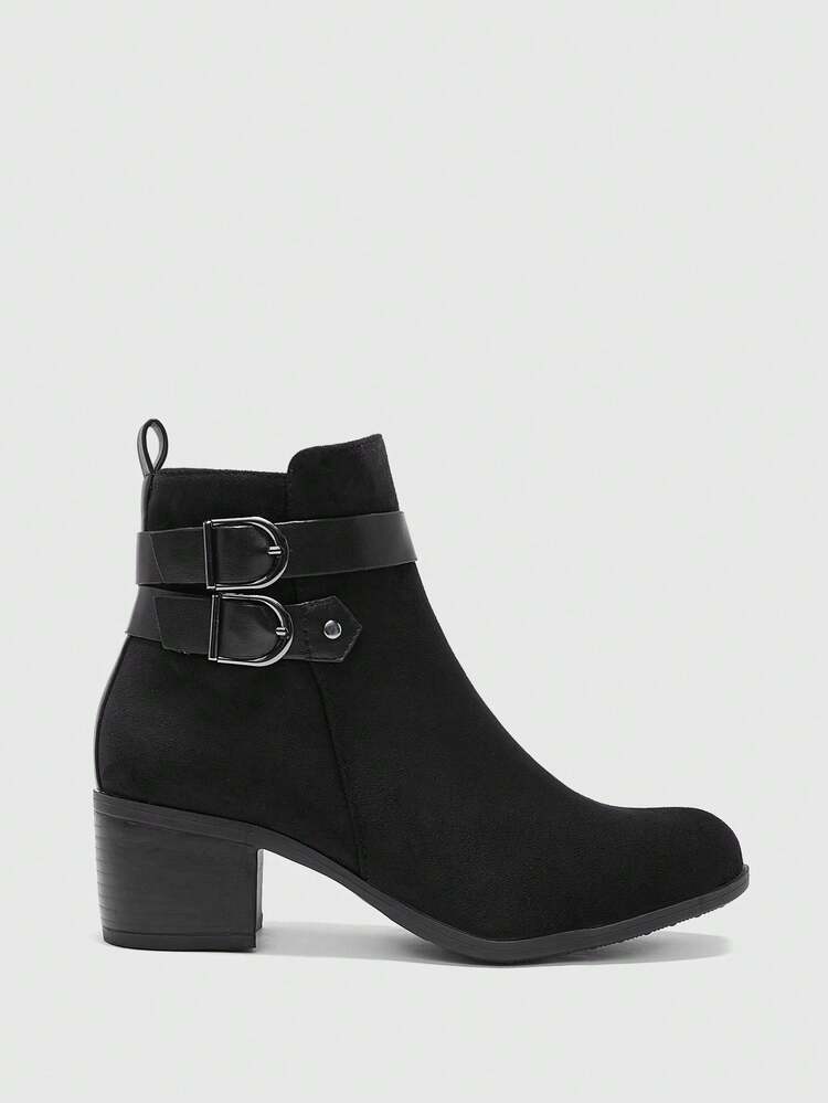 CUCCOO BIZCHIC Fashionable Basic Comfortable Commute Black Patchwork Faux Suede Striped Square Buckle Chunky Heel Ankle Boots
