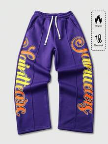 ROMWE MEN Street Life 男士休闲街头美式英伦图案印花直筒运动裤，秋冬 - 紫色 - 查看 5