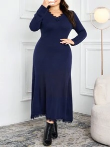 Modelyn 大码女式休闲修身长袖毛衣连衣裙秋冬女装 - 藏蓝色 - 查看 5