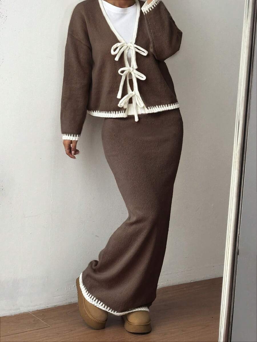 SHEIN Unity 2pcs Ombre Bowknot Strap Casual Basic Knit Set, Autumn/Winter - Multicolor - View 1