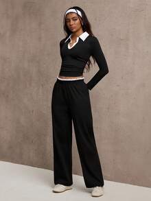 Dewbera Women's Contrast Color Collar Long Sleeve T-Shirt And Pants Sports Suit - Black - View 4