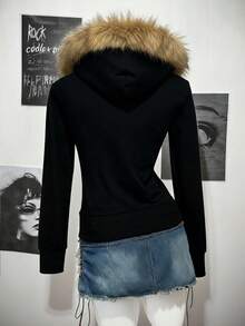 Attitoon Women's Casual Retro Front Zipper Fur Collar Hooded Regular Jacket, Suitable For Autumn/Winter - Black - View 2