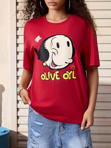 Popeye X SHEIN T-shirt à manches courtes col rond décontracté pour femmes, avec lettres et graphiques de dessins animés, pour l'été - Rouge - Voir 7