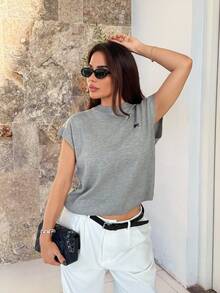 Milla Jasmine Women Casual Loose Short Sleeve Knit Top With Small Logo Embroidery Fall Tops,Knitted Sweater - Grey - View 4