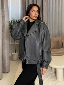Milla Jasmine Vintage Washed PU Leather Lapel Loose Motorcycle Jacket  - Dark Grey - View 5