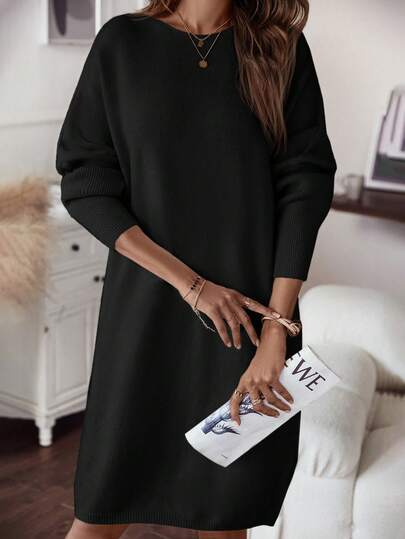 SHEIN LUNE 秋冬季纯色落肩毛衣连衣裙