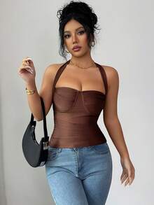 SHEIN Elenzya 新款秋冬百搭棕色性感交叉露背针织短款上衣，独特个性化，修身剪裁，适合派对、情人节、约会、度假等场合。 - 棕色 - 查看 6