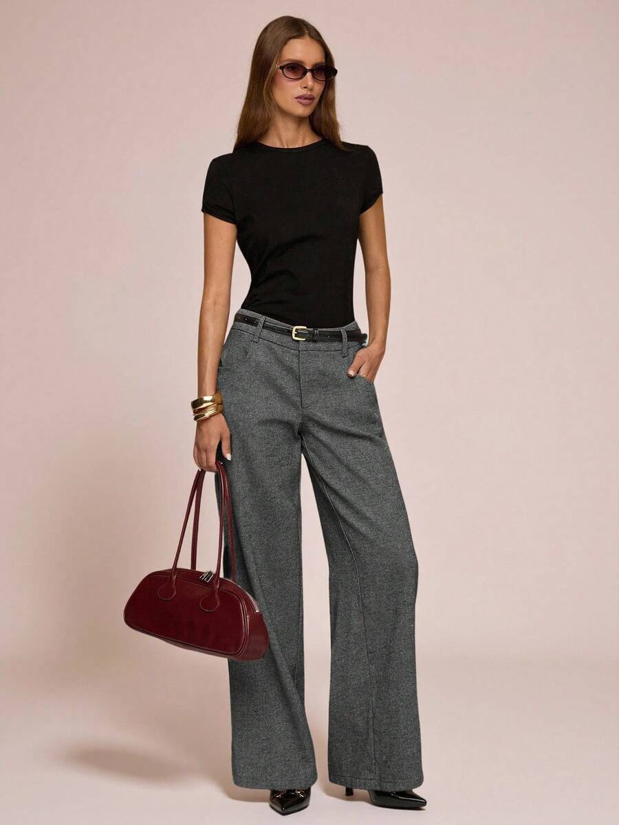 SHEIN BAE Quần ống đứng dáng rộng màu trơn có túi dành cho nữ đi làm thường ngày - Màu xám đen - Xem 1