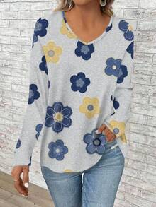 EMERY ROSE 音乐节及返校季印花V领宽松长袖T恤，适合大码女装，秋冬季穿着 - 彩色 - 查看 3