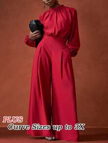 Slaydiva Phong cách mới đầu thu, phù hợp cho tiệc sinh nhật, tựu trường, phong cách học đường, mặc hàng ngày, thường ngày, kỳ nghỉ, du lịch biển, tắm nắng, thanh lịch, đi làm, công sở, bộ đồ 2 mảnh cỡ lớn dành cho nữ gồm áo dài tay cổ đứng và quần ống đứng xếp ly có túi và khóa kéo, màu đỏ tía, cuối hè đến đầu thu, trang phục màu đỏ cho nữ, quần ống rộng cho nữ, bộ đồ phối màu đỏ cho nữ, trang phục ngày Valentine. - Đỏ - Xem 1