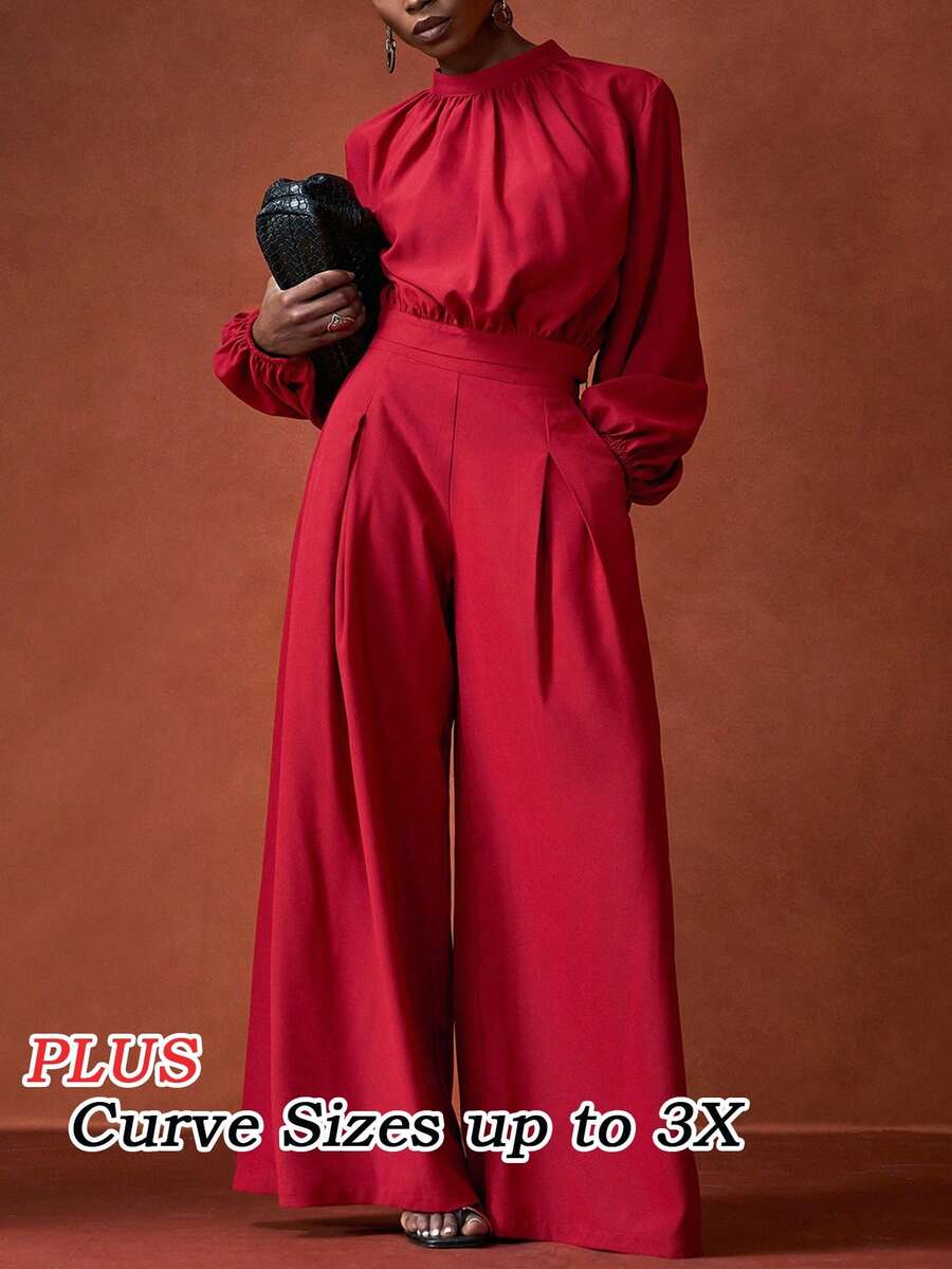 Slaydiva Phong cách mới đầu thu, phù hợp cho tiệc sinh nhật, tựu trường, phong cách học đường, mặc hàng ngày, thường ngày, kỳ nghỉ, du lịch biển, tắm nắng, thanh lịch, đi làm, công sở, bộ đồ 2 mảnh cỡ lớn dành cho nữ gồm áo dài tay cổ đứng và quần ống đứng xếp ly có túi và khóa kéo, màu đỏ tía, cuối hè đến đầu thu, trang phục màu đỏ cho nữ, quần ống rộng cho nữ, bộ đồ phối màu đỏ cho nữ, trang phục ngày Valentine. - Đỏ - Xem 1