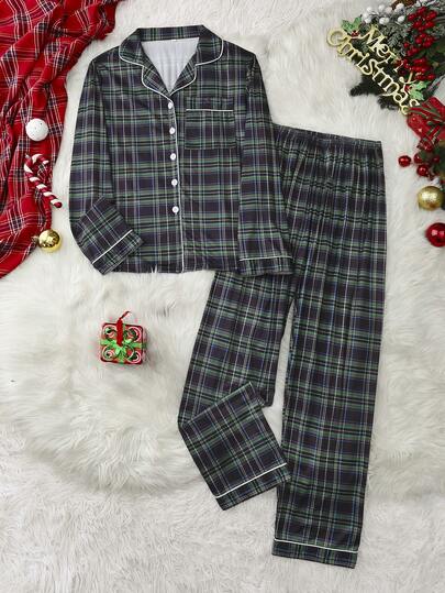 两件套圣诞格子舒适亲子睡衣套装，长袖上衣和长裤，纽扣开襟，适合居家休闲和外出穿着，女士，冬季服装