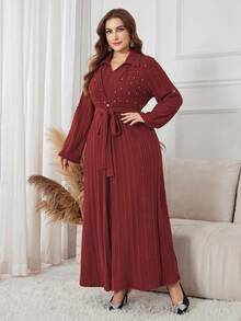 Lacomfia Plus Size Women Rhinestone Embellished Shiny Knit Elegant Long Sleeve Dress - Burgundy - View 6