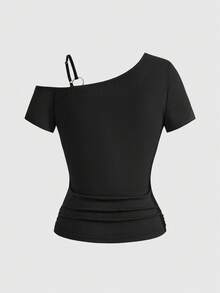 ROMWE J-Fashion Camiseta de mujer de manga corta con hombro asimétrico, elástica y fruncida, con estampado de calavera y corazón decorado con rhinestones - Negro - Ver 2