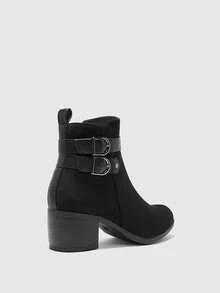 CUCCOO BIZCHIC 时尚基本款舒适通勤黑色拼布仿麂皮条纹方扣粗跟踝靴 - 黑色 - 查看 8