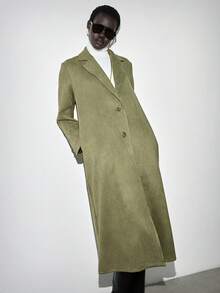 Lumivelle Women's Khaki Notched Collar Long Sleeve Basic Long Coat Jacket, Suitable For Commuting And Business Occasions, Autumn/Winter - Army Green - View 6