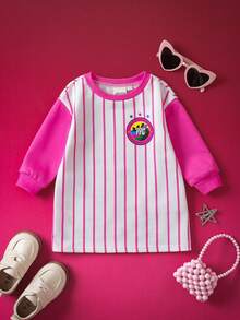 THE POWERPUFF GIRLS X SHEIN Baby Girl Cute Cartoon Blossom, Bubbles, Buttercup Pattern Stripe Print Round Neck Drop Shoulder Long Sleeve Knit Sweet Cute Sweatshirt Dress, Suitable For Autumn/Winter Toddler Girl Clothes Cartoon - Multicolor - View 3