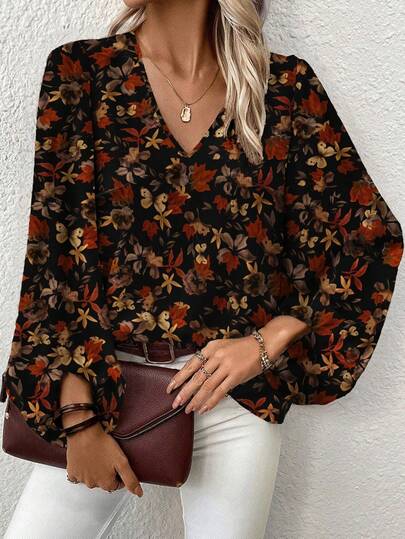 EMERY ROSE Plus Size Women Vintage Brown Leaf Print V-Neck Lantern Sleeve Casual Shirt, Autumn/Winter