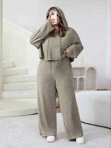 SHEIN CURVE+ Plus Size Women's Khaki Summer Curve Smart Casual Loungewear,Ribbed Knit Hooded Long Sleeve Sweatshirt And Pants 2-Piece Set,Drop Shoulder Outfit - Apricot - View 6