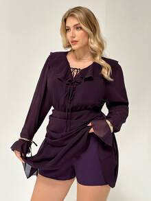 Auralis Plus Size Women Elegant Sexy Deep V Neck Ruffle Waist Cinched Flare Sleeve Mini Purple Chic Casual Beach Holiday Date Dress/Valentine's Day Ruffle Hem Short Skirt/Concert/Performance Costumes/Date/High-End Banquet/Ball/Wedding Season/Valentine's Day/Party/Sexy/Commuting/Elegant Romance/Office Enchantress/Siren Style/Birthday Party Dresses/Winter - Purple - View 5