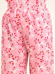 Conjunto de Pijama Meninas SUMWON Estampa de Bengala de Doce Manga Longa Botão na Frente Roupa de Dormir Feriado de Natal para Casual e Férias - Rosa chiclete - Visão 6