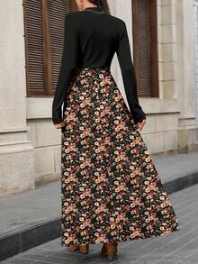 EMERY ROSE Casual Elegant Women's Floral Color Block Long Dress, Autumn/Winter - Multicolor - View 2
