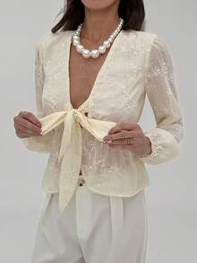 Aloruh Women's Autumn/Winter Sweet Ruffle Flare Sleeve Deep V Neck Embroidered Fitted Tie-Front Blouse - Beige - View 4