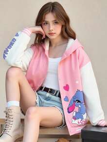 SHEIN 时尚休闲宽松保暖长袖青少年女童夹克 - 粉色 - 查看 1