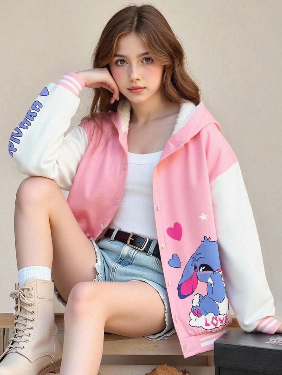 SHEIN 时尚休闲宽松保暖长袖青少年女童夹克 - 粉色 - 查看 1