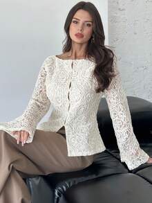 Firerie 女士优雅精致浪漫约会通勤新款纹理面料长袖杏色衬衫，秋冬款 - 杏色 - 查看 8