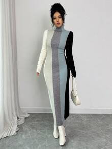 SHEIN Elenzya 女士撞色高领针织修身中长连衣裙，优雅时尚，适合秋冬季穿着 - 彩色 - 查看 3